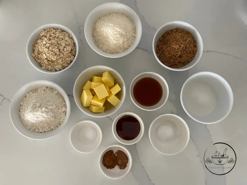 Recipe ingredients set out on white benchtop