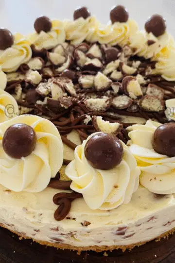 Cheesecake with chocolate decorations on a wooden board